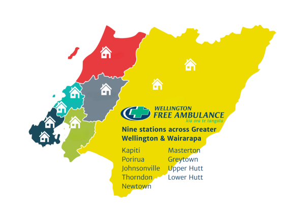 A map showing the 9 Wellington Free Ambulance stations