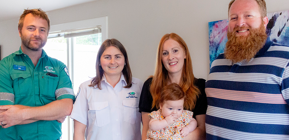 Paramedic Mike, Call Taker Emma, with Hayley, Luke and baby Freya