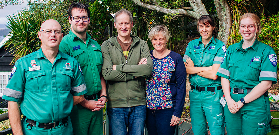 Gerald and Julie, with Paramedics Dave, Sam, Emma and Rebecca