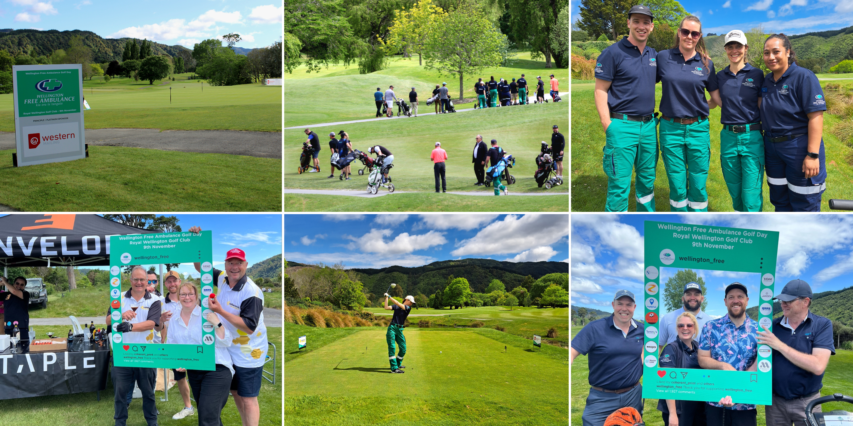 6 photos of golfers on a sunny day