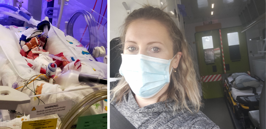 2 photos of a baby in an incubator and a woman in an ambulance