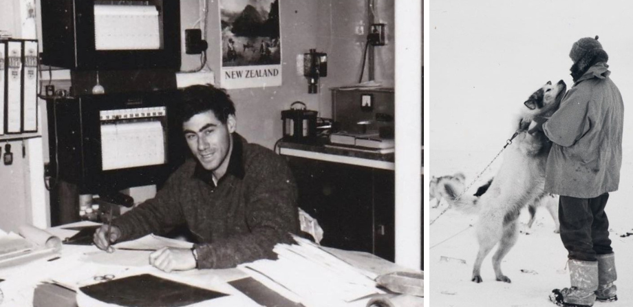 Two black and white images of a man in an office and a man with a husky