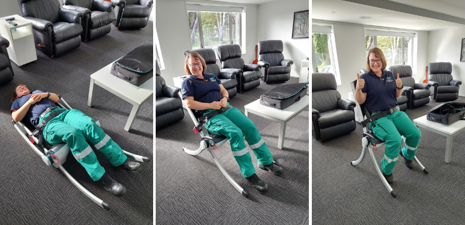 3 images in a row showing a paramedic on a lifting chair, from the floor to sat upright