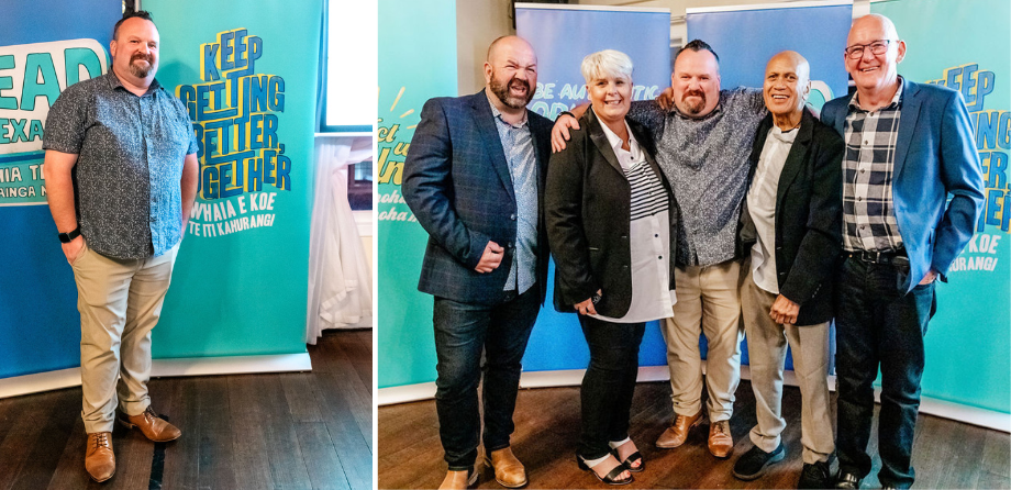 2 photos - the left one shows a man in a blue shirt, the right one shows a group of 5 people smiling with their arms around each other