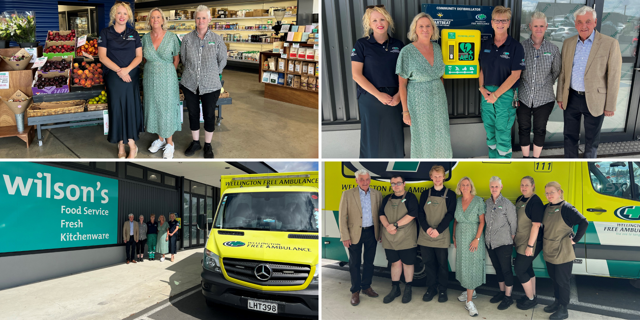4 small images showing Moore Wilson's and WFA staff in front of an ambulance and with an AED