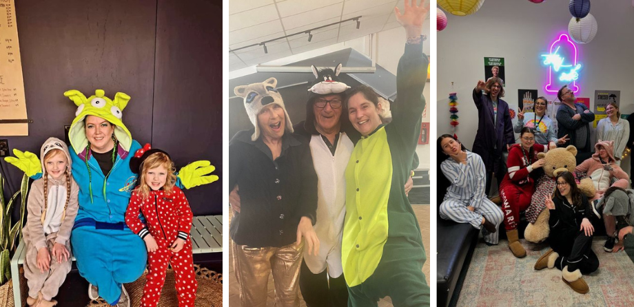 3 photos of people in onesies