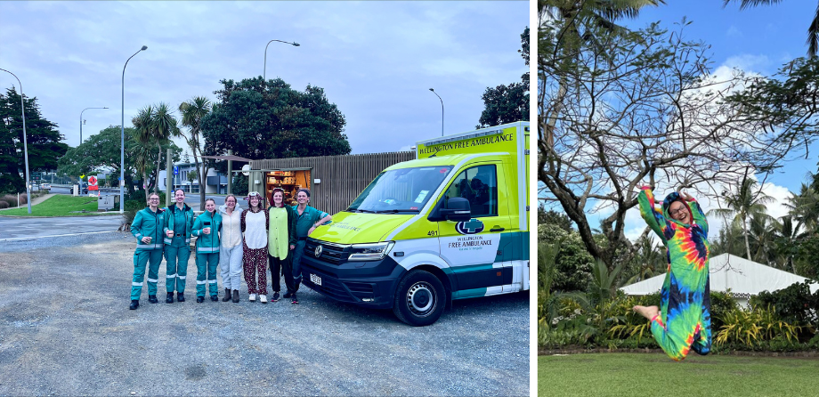 1 photo of an ambulance with paramedics and people in onesies alongside a photo of a person jumping in a onesie