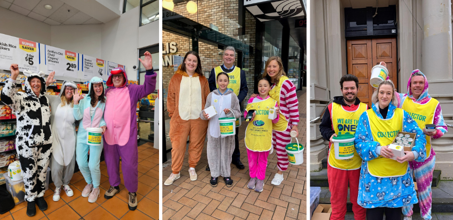 3 photos of people in onesies