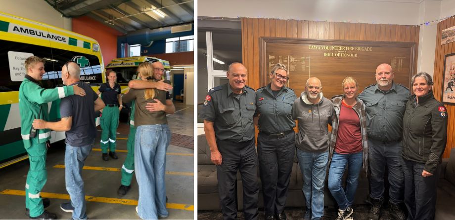 2 photos showing a patient hugging paramedics and a group of firefighters