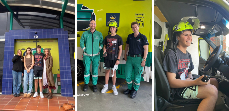 3 photos of a family visiting an ambulance station