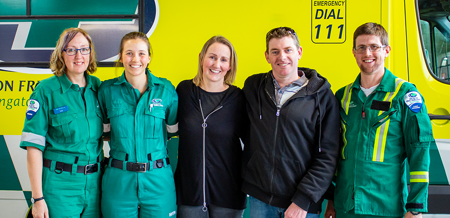 Paramedics Val, Katie, Hamish with Andrea and Ryan.