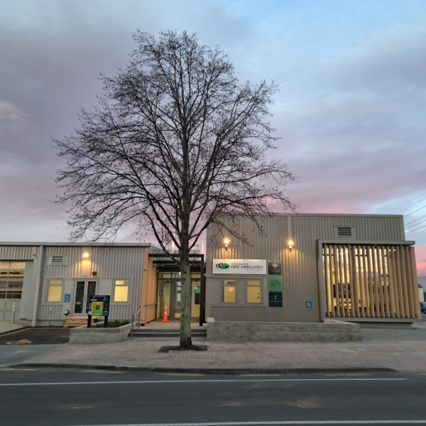 An ambulance station against a sunrise