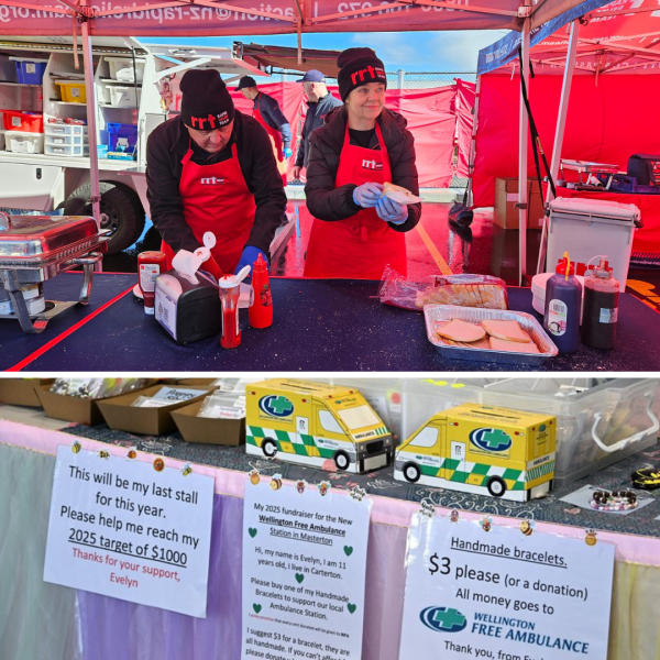 Two people serve up hamburgers with another photo showing a stall selling bracelets