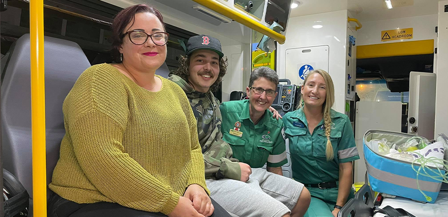 Luke and his mum with Paramedics Wendy and Kayleigh
