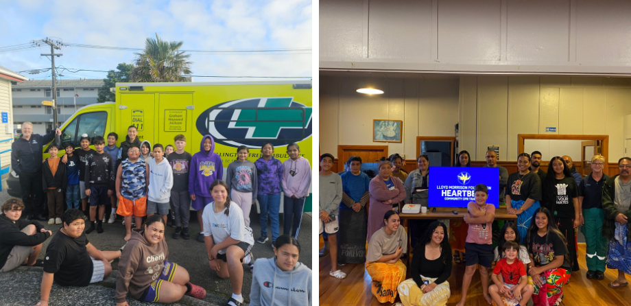 2 side by side photos of community liaisons in action at a school and a community group
