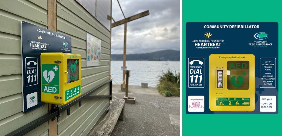 An AED cabinet on a green wall