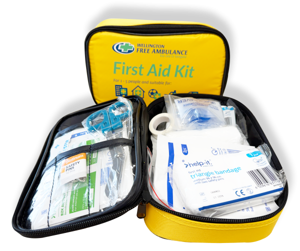 An open compact first aid kit showing contents
