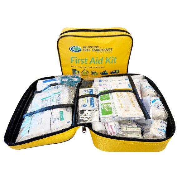 An open medium first aid kit showing contents