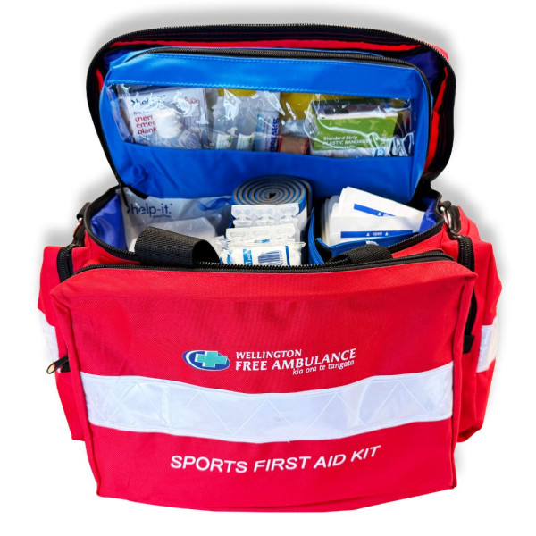 An open sports first aid kit showing contents